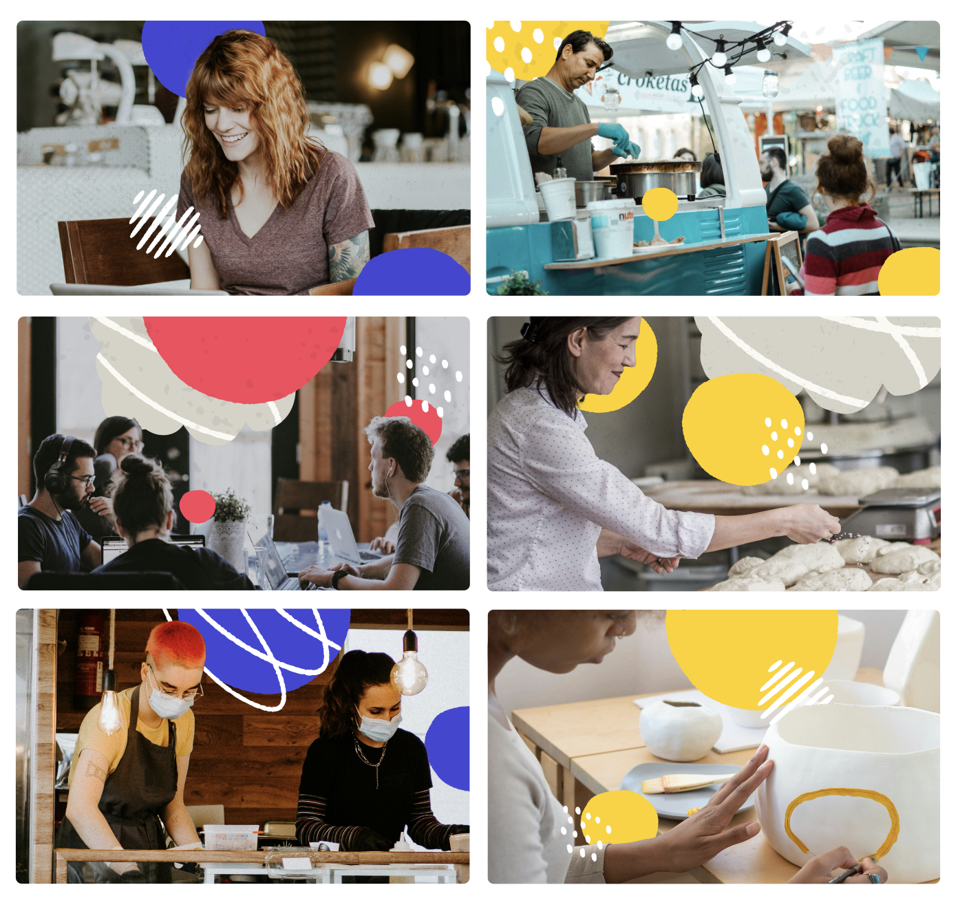 A collage of small-business operators with brand-shape overlays